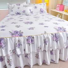 Juego de 3 piezas de falda de cama con volantes dobles de estilo minimalista y moderno con estampado floral, ropa de cama para dormitorio (1 falda de cama, 2 fundas de almohada, sin núcleo interior) - Púrpura malva - Ver 6