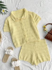 For Love & Bella Women's Casual Cute Single-Breasted Polo Collar Knit Cardigan And Shorts 2-Piece Set, Fashionable Hollow-Out Short Sleeve Street Style Summer Holiday Outfit, Suitable For Beach Dates, Holiday Afternoon Tea, And Home Wear Spring - Yellow - View 7