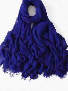 1pc New 120g Faux Linen Solid Color Tassel Scarf Shawl, Travel Gift, Bamboo Knit Wrap For Women - Blue - View 2
