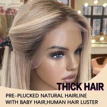 13x4 Super HD Transparent Lace Front Wig, Moonlight Mist Gray-Gold Ombre Brown, 100% Human Hair, 180% Density, Plug And Play, No Glue Needed, Long Straight Hair, Dark Roots, Gray-Gold Brown, 22 Inches - SP27/613 - View 9