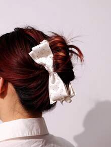 Sweet Romantic Polka Dot Satin Fabric White & Pink Bow Hair Claw, Elegant Elegant High Ponytail Banana Hair Clip - Multicolor - View 7