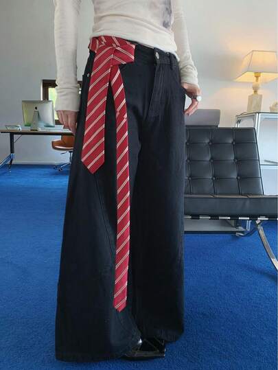 1pc Women's Red Striped Handmade Necktie, Y2K Style Waist Belt Accessory, Suitable For Pairing With Pants And Skirts, Suitable For Daily Wear, Dates, Shopping, Valentine's Day Decoration