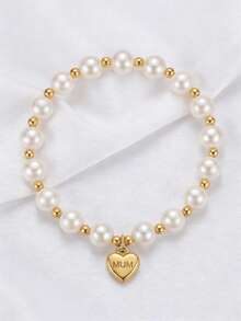 ZIRUISP 1pc Faux Pearl Beaded Bracelet For Women, Gold Stainless Steel MUM Heart Pendant Bracelet, Elastic Bracelet, Birthday Mother's Day Jewelry Fashion Accessories Gift For Mom - Heart-shaped Pearl Bracelet - View 5