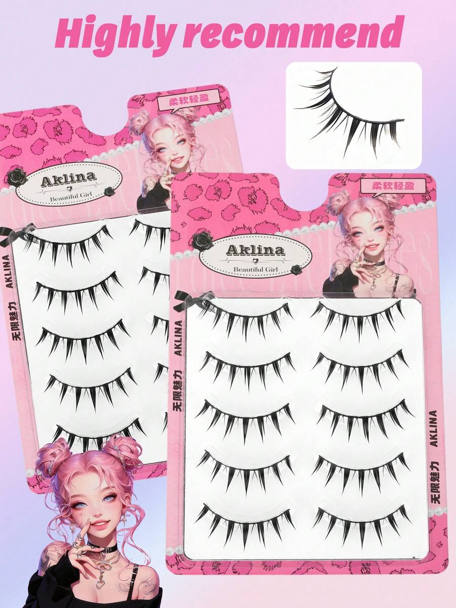 5对娃娃款自然假睫毛 - 透明杆漫画睫毛，卡通仙女设计，角色扮演完美之选 - 可重复使用 - 黑色 - 查看 1