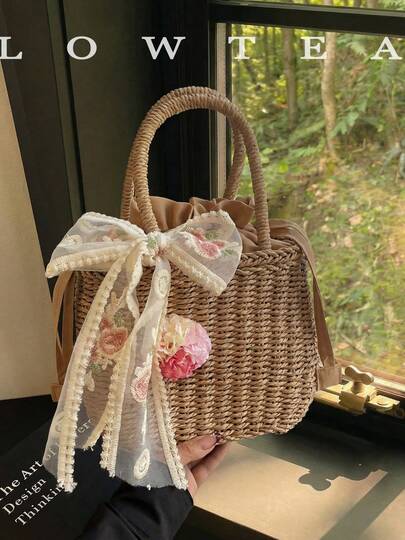  1pc Low Tea Solid Color Woven Fabric Handbag, Women's Retro Fashion Bucket Tote Bag With Top Double Handles, Drawstring Closure, Suitable For Travel, Shopping, Dating, Women's Gift, Great For Commuting, Outdoor, Travel, Hiking