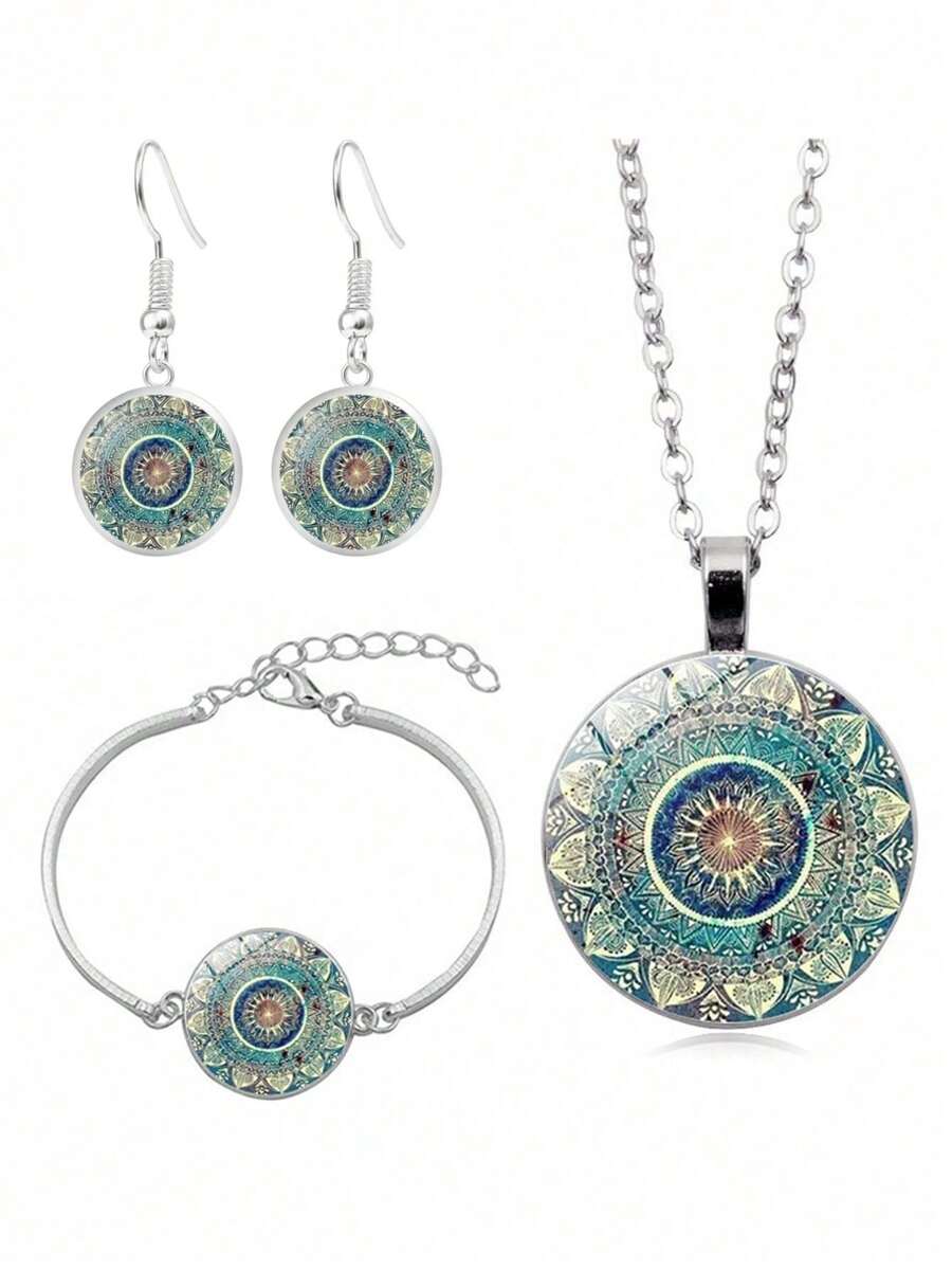 1套復古綠色曼陀羅設計耳環項鍊手鐲套裝，高端風格優雅 - 彩色 - 查看 1