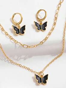 3pcs Zinc Alloy Delicate Butterfly Jewelry Set, Double-Layer Necklace + Earrings Combo, Sweet & Cool Girl Style, Suitable As Girlfriend, Best Friend, Valentine's Day, Anniversary, Birthday Gift - Butterfly - View 1