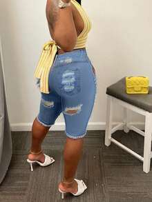 Women's Casual Washed Distressed Skinny Denim Shorts Summer - Light Wash - View 5