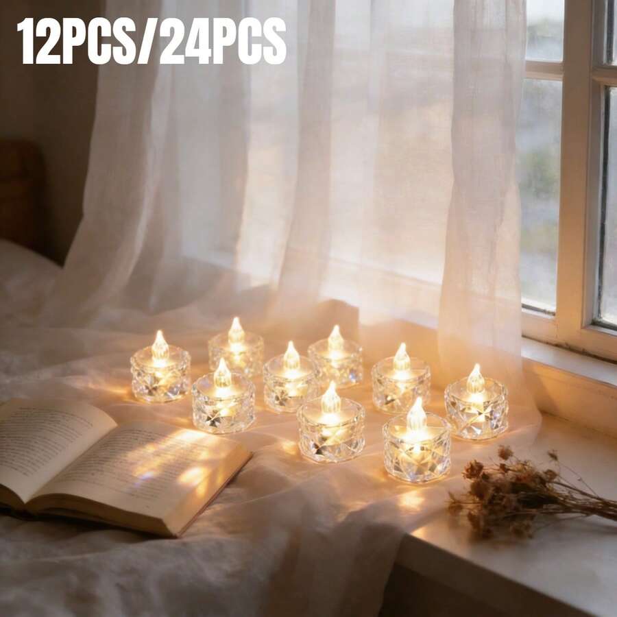 12/24Pcs Crystal Flickering Flameless LED Tea Lights, Battery Operated Votive Wax Candles, Realistic Flame Decor For Wedding Table Centerpiece Christmas Valentine Birthday Party Home Holiday Gift - Diamond-shaped Candles - View 1