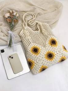 Bolso de tote grande de capacidad versátil y con estilo, nuevo bolso de hombro con bordado de girasol de estilo de vacaciones en la playa - Beis - Ver 8