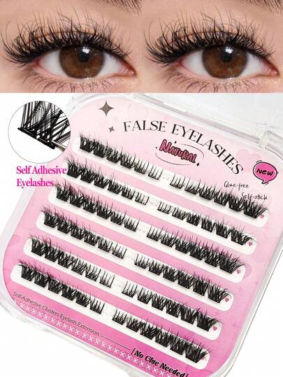  Asiteo 72pcs D Curl Self Adhesive Lashes,3D Fluffy Wispy Individual Fake Lashes Faux Mink Lashes,No-Glue Lashes, For Beginners Eye Makeup DIY Pre Glued Lashes