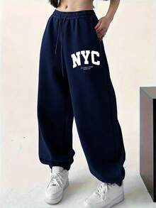 Pantalones jogger grises de ajuste holgado y casual con estampado de letras NYC, pantalones de otoño e invierno para mujer - Azul Marino - Ver 2