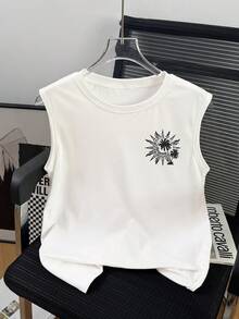 Plus Size Women Loose Casual Vacation Romantic Round Neck Daily "Chasing Sunset" Tropical Palm Tree Print Casual T-Shirt, Women Summer Tank Top, Women Summer Blouse, Women T-Shirt, Festival White - White - View 4
