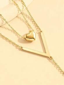 Double Layer Y-Shaped Pendant Necklace For Women - Simple Sexy Style With Heart, Letter V, And Geometric Charms For Daily Wear - Gold - View 3
