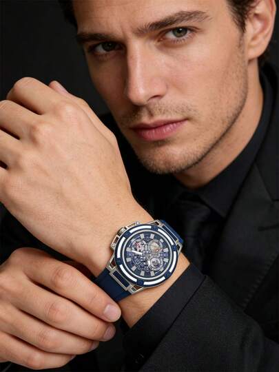 Guess 1 Piece Men's Multi-Functional Analogue Quartz Watch – 46mm Silver Stainless Steel Case & Bracelet, Blue Dial & Silver Stainless Steel Watch Strap, 50m Water-Resistant Fashion Accessory