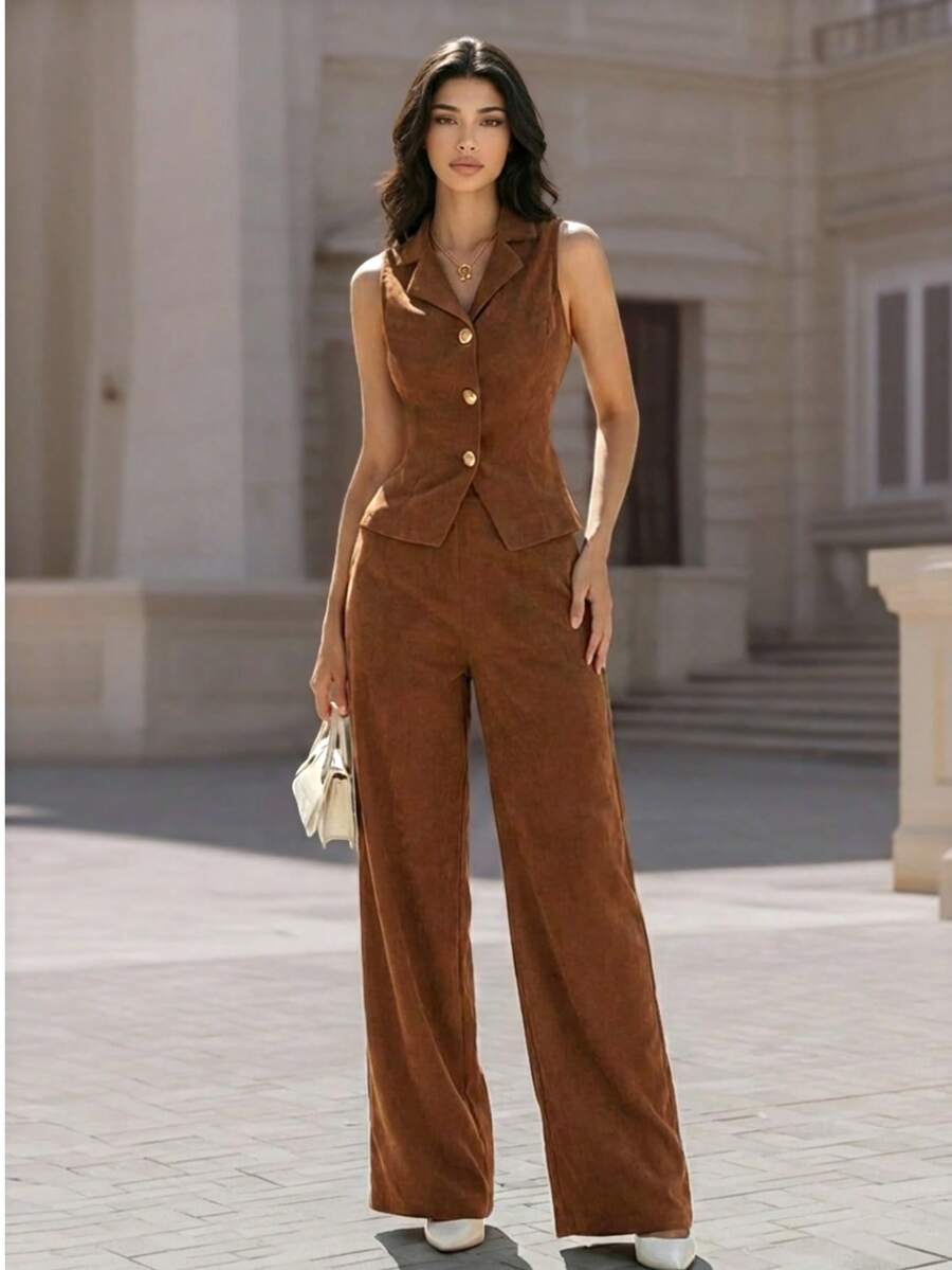 女士优雅简约棕色灯芯绒两件套，时尚无袖背心搭配阔腿裤，适合春季办公室穿着，奢华多功能商务休闲套装 - 棕色 - 查看 1
