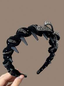 1pc Black Bowknot Headband With Rhinestones, Elegant And Fashionable Hair Hoop - Black - View 3