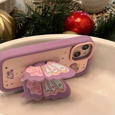 INS风格3D蝴蝶支架手机壳，适用于苹果17 Pro Max，柔软硅胶可爱卡通保护套，兼容苹果15 Pro、14、13、16 Pro、12 Pro Max、11
