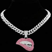 新款男女嘻哈咬唇形吊坠项链，配13毫米水晶链，镶钻闪亮嘻哈项链饰品 - 嘴巴 - 查看 15