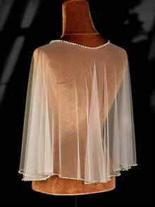 1件极简主义女士珍珠披肩，轻薄柔软网纱短款开衫，适合搭配连衣裙和短外套 - 香檳色-C - 查看 8