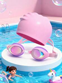 Bộ 2 món gồm kính bơi và mũ bơi, chống rò rỉ, chống sương mù và chống tia UV, bảo vệ toàn diện cho trẻ em, mũ bơi bằng silicon. - Hồng - Xem 5