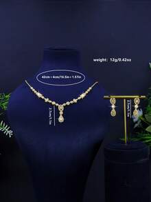 3pcs 18K Gold-Plated Luxury Royal Style Geometric Tassel Design Bridal Wedding Jewelry Set, Handset White Cubic Zirconia, Suitable For Daily Wear And Wedding, Wedding Anniversary Gift - Gold - View 3
