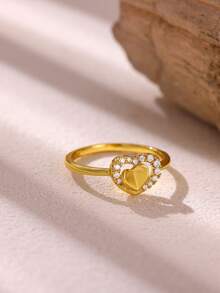 1 pieza Anillo de corazón de circonita cúbica vintage para mujer, color dorado, anillo geométrico para boda, fiesta y regalo de joyería - Dorado - Ver 8