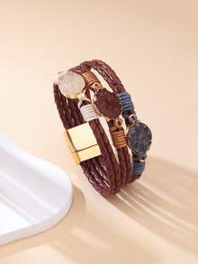 1 chiếc vòng tay nam châm nhiều lớp bằng da PU đính đá giả nhựa. - Màu be - Xem 2