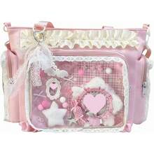 Ita Crossbody Tote Bag, Pin Display With Insert Large Messenger Bag, Cute Tote Bag With Zipper Ruffle, Japanese Aesthetic Y2k - Hồng - Xem 2