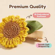 (1 Clip y 1 Coletero) Conjunto de accesorios para el cabello con bordado 3D de girasol - Accesorios suaves y delicados para el cabello de niñas para uso diario, verano, vacaciones, viajes, tocados, diademas - Amarillo - Ver 5