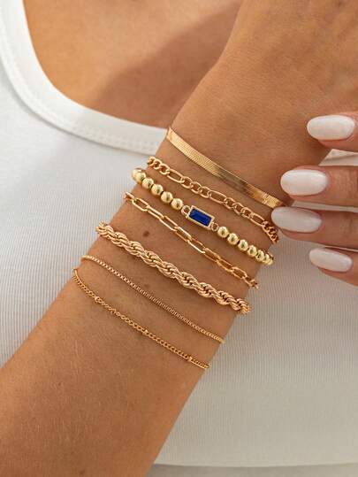 7pcs/Set Bohemian Style Geometric Square Faux Gemstone CCB Beaded Chain, Irregular Braided Chain Bracelet Set, Luxury Elegant Daily Casual, Party, Couple Date, Street Snap, Women's Festival Birthday Versatile Jewelry Gift