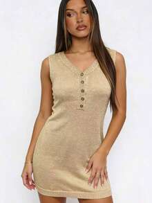 Damen Boho-Stil sexy Ausschnitt-Langarm Häkel-Strandkleid Elegant - Gold - Übersicht 2