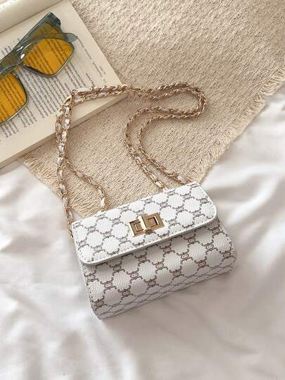 时尚纯色绗缝方形链条单肩包，百搭晚宴手提包，轻便新款手提包钱包组合，适合日常通勤和斜挎，是上班族和学生的理想之选，休闲手机零钱包口红斜挎包