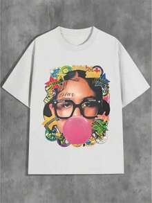 With Bubble Gum  Pattern, Short Sleeved T - Shirt, Graphic Printed, Round Neck, Breathable Fabric,Y2k Style  Suitable For Holidays, Parties, Home Wear, Daily Commuting, Back To School, And Concert Attire.Summer Outfits For Women - 白色 - 查看 5