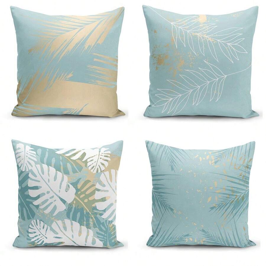 4 vỏ gối màu xanh bạc hà họa tiết lá vàng, vỏ gối trang trí sofa phòng khách sang trọng với họa tiết lá cọ vàng kim, chất liệu polyester in một mặt, có khóa kéo, có thể giặt, không bao gồm ruột gối. - Màu xanh bạc hà - Xem 1