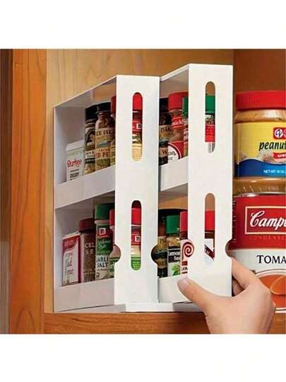 双层旋转调料架 - 大容量厨房收纳整理架，适用于台面和橱柜，塑料架用于存放调味料和必需品