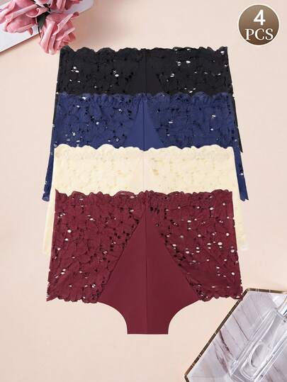 4 PCSS Women's Boy Shorts Sexy Lace Hollow-Out Panties Ice Silk Soft And Comfortable Underwear Suitable For Daily Wear, Casual Underwear