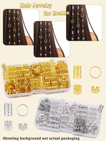 220pcs Gold & Silver Vintage Bohemian Style Alloy Hair Scrunchies Set - Hollow Round Hair Accessories Suitable For Girls, Elegant Solid Color Hair Ties For Braiding And DIY Hairstyles
