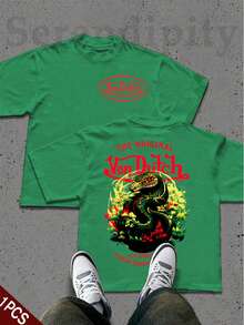 Green 1pcs Women's Von Ditch Dragon Floral Design Red And Green Print Fabric Soft & Skin-Friendly Unisex Style Gifts For Spring Festival, Valentine's Day, St. Patrick's Day & World Cup-Van Dutch Dragon Print Women T Shirt Classic Americana Style Graphic - 綠色 - 查看 1