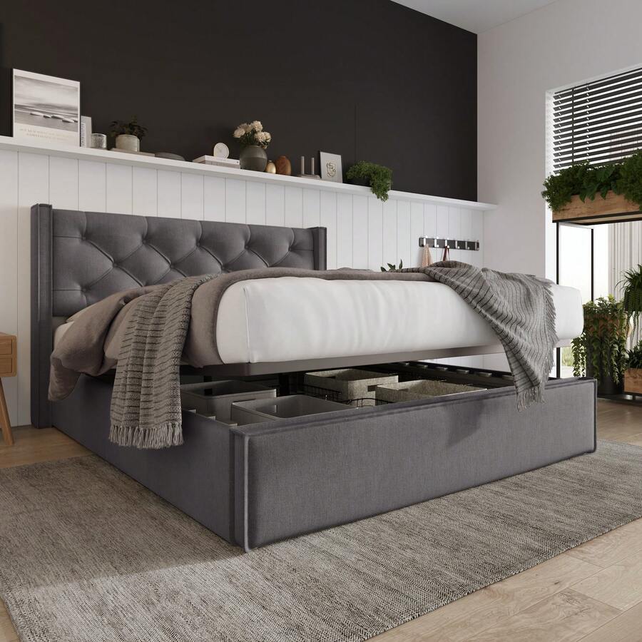 Hydraulic Double Upholstered Bed 140x200cm, Bed With Slatted Base Made Of Metal Frame, Modern Bed Frame With Storage Space, Cotton, Grey - Gray + Cotton - View 1