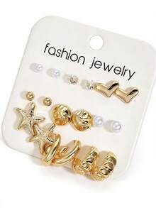 18件套时尚仿珍珠CCB蝴蝶结、心形、海星、水滴耳钉套装，适合女性日常、旅行、度假佩戴，可作为女友礼物，C形耳环套装，也是送给朋友、家人、母亲节的最佳礼物。 - 彩色 - 查看 12