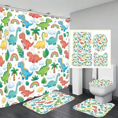 1件/4件套恐龙图案多功能浴室装饰浴帘套装，赠送12个挂钩，营造优雅节日氛围，包含浴室地垫、U型地垫和圆形马桶垫，适用于各种浴室场景。