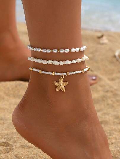 海洋风海星吊坠脚链波西米亚串珠脚链套装