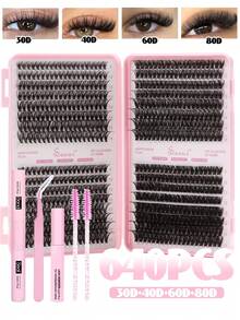 Bộ nối mi 640 sợi 30D, 40D, 60D, 80D, các cụm mi riêng lẻ, dụng cụ nối mi - Hướng dẫn tự làm mi, bao gồm mi giả, keo dán & chất làm kín, nước tẩy trang, nhíp, mi giả tự nhiên, dày, mềm mại, bồng bềnh, có thể tái sử dụng. - màu đen - Xem 1