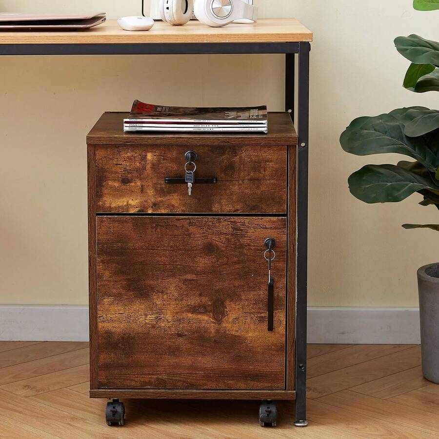 TUKAILAi Office Filing Cabinet, Mobile File Cabinet Storage 1 Drawer & 1 Door With Lockable Rolling Wheels Under Desk For A4 Paper, Legal Letters For Home Office - Brown - View 1