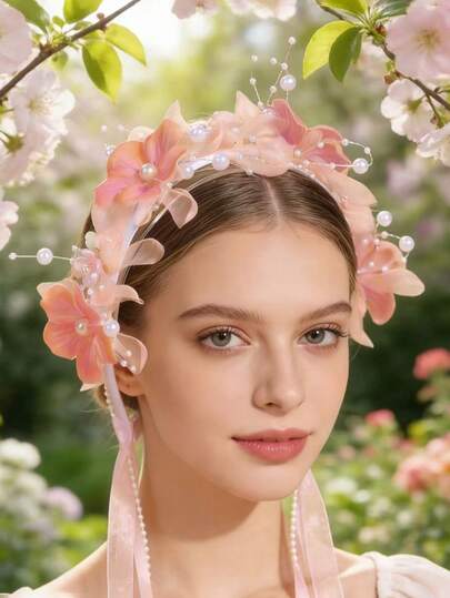 1pc Ethereal Flower Wreath Headband With Long Ribbons, New Fairy Style Non-Tight Flyaway Hair Accessory