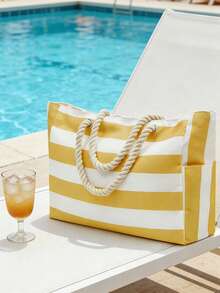 女士防水沙滩手提包，附赠沙滩帽，拉链封口，防水防沙设计，条纹图案，大容量，适合游泳池、学校、旅行、工作、度假、购物等各种场合，可作为伴娘邀请礼物、单身派对旅行回礼、情人节礼物指南、平价情人节礼物、复活节礼物、母亲节礼物。 - 彩色 - 查看 3