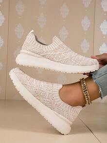Women's Wide Toe Breathable Knit Casual Flat Slip-On Sneakers, Lightweight Comfortable Daily Wear - Beige - View 11