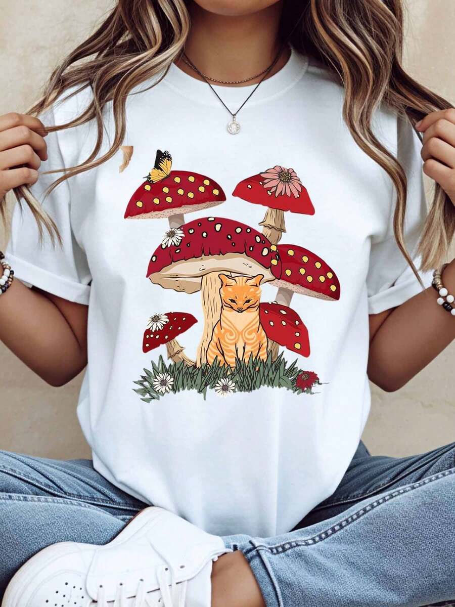 Women Casual Short Sleeve T Shirt Mushroom And Cat Print Summer Outdoor Wear , 220g - trắng - Xem 1
