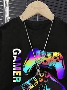 Kaos Lengan Pendek Leher Bulat Bergambar Video Game dan Celana Pendek untuk Pakaian Kasual Sehari-hari Anak Laki-Laki - Hitam - View 5